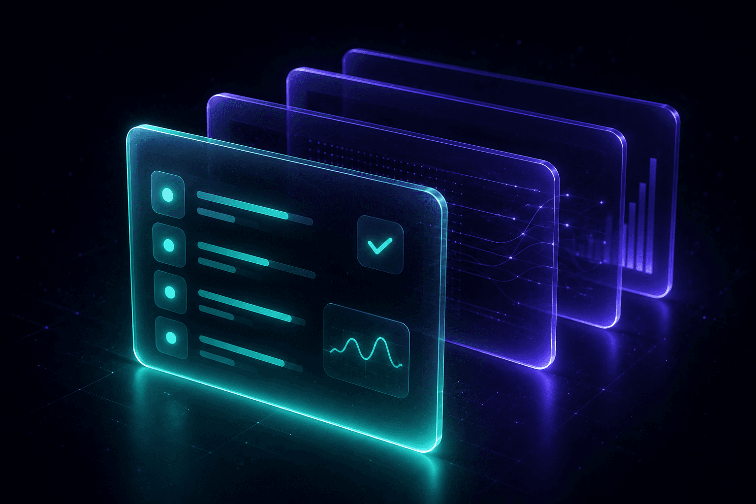Isometric platform with four model tiles feeding a glowing core
