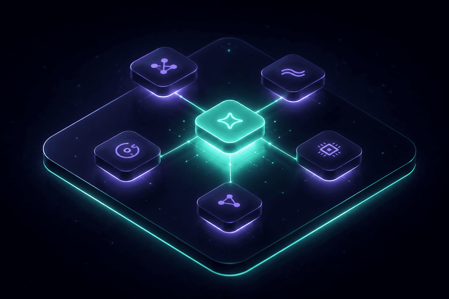 Isometric platform with four model tiles feeding a glowing core