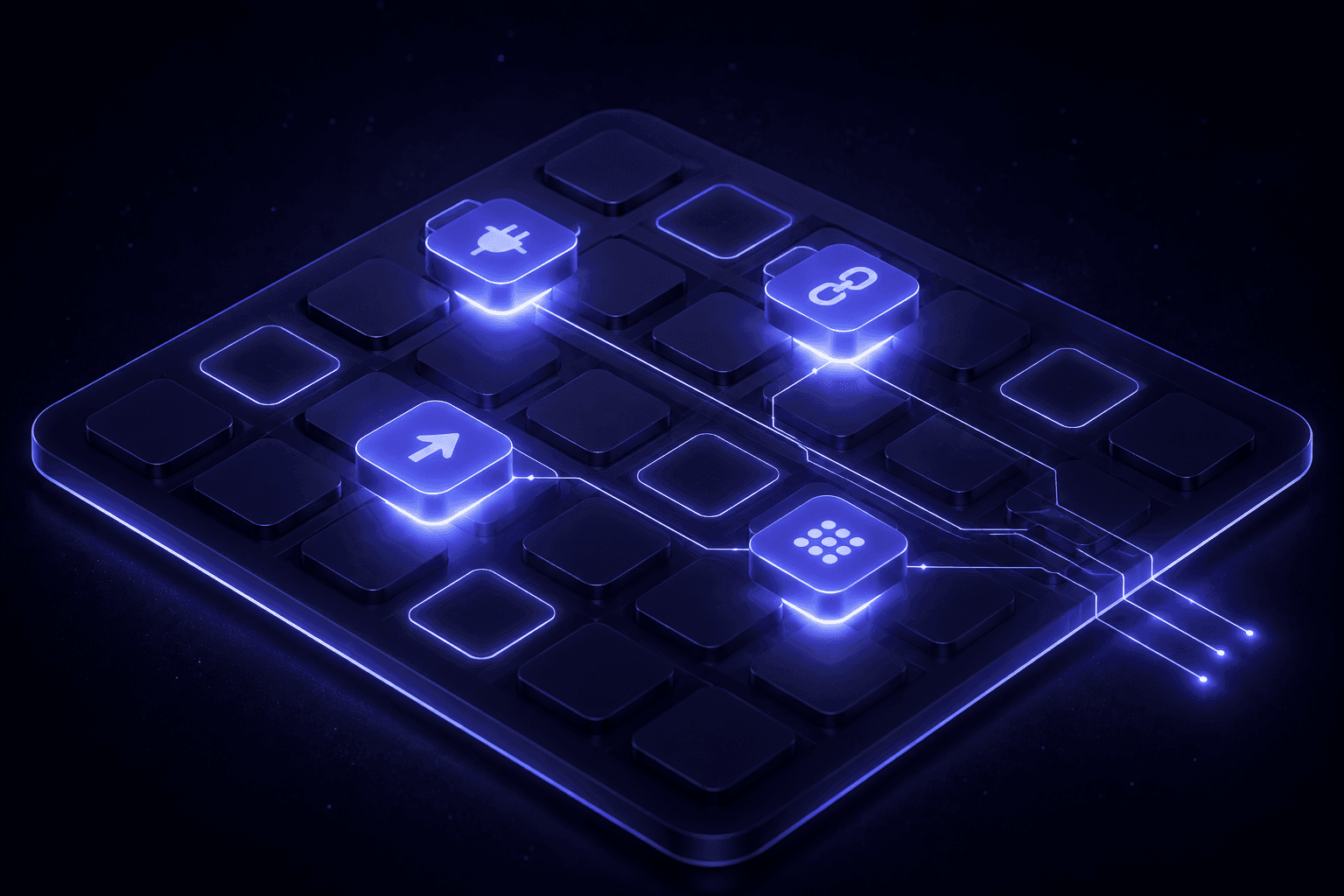 Isometric platform with four model tiles feeding a glowing core
